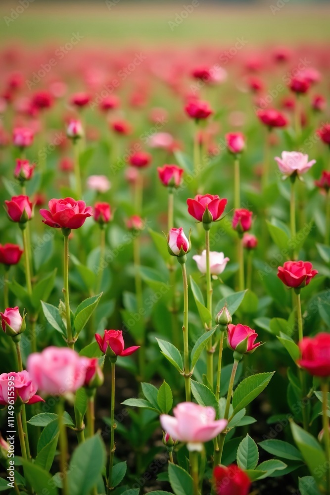 Distant view of a field with thousands of red rose buds scattered among the grass blades in shades of pink and white, natural, pink Distant view of a field with thousands of red rose buds scattered among the grass blades in shades of pink and white, natural, pink