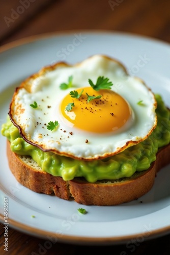 Detail view of a crispy fried egg on top of mashed avocado on whole grain toast, plate, brunch