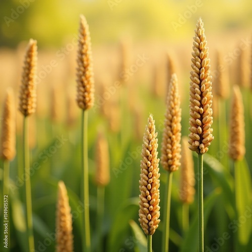 dense panicum miliaceum stems with ripe seeds and groats on the ground, panicum millet, garden, field photo