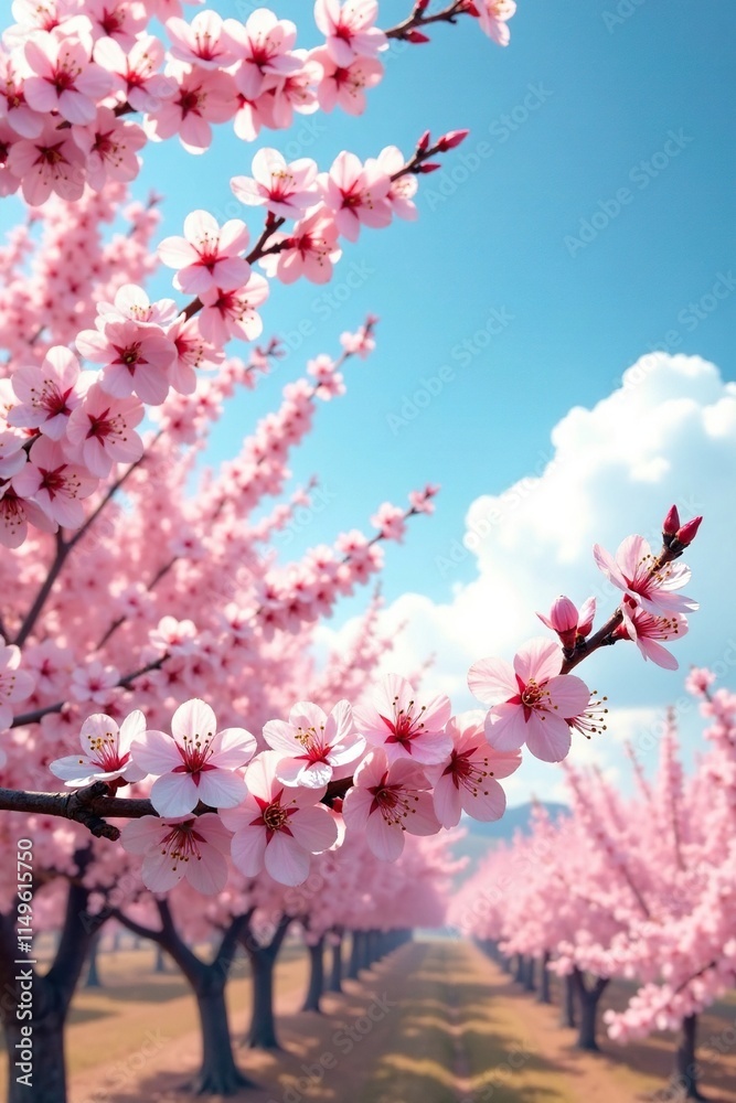Field of cherry blossoms with soft pink and white hues against a clear blue sky, cloudy, bloom, branch Field of cherry blossoms with soft pink and white hues against a clear blue sky, cloudy, bloom, branch
