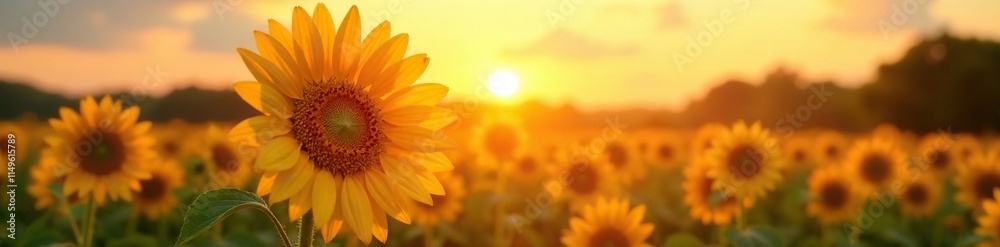 Tall golden petals unfolding from a dark green stem in the warm light of sunset, sunflowers, blooming, landscape Tall golden petals unfolding from a dark green stem in the warm light of sunset, sunflowers, blooming, landscape