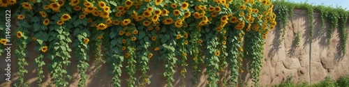 Wallpaper Mural Vines overflowing with verdant foliage densely covering the wall and cascading sunflowers hanging down, yellow blooms, lush plants, outdoor decor Torontodigital.ca