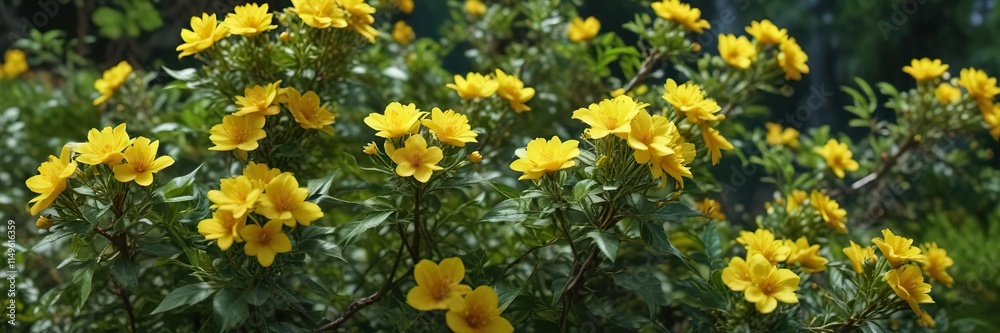 Yellow flowers blooming in clusters on a dense green shrub with thorny branches, yellow blooms, garden plant Yellow flowers blooming in clusters on a dense green shrub with thorny branches, yellow blooms, garden plant