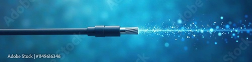 High speed fiber optic cable hanging from a metal power line on a blue background, power line, utility, high speed