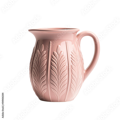 A beautifully crafted pink pitcher with intricate leaf patterns, showcasing elegant curves and a sturdy handle. photo