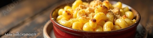 A round shallow bowl filled with baked macaroni and cheese crusted with crushed crackers on top, baked pasta, rustic, macaroni photo