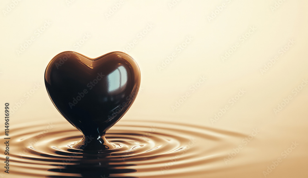 Fototapeta premium Chocolate Heart Drop Melts Into Rippling Waves of Liquid Bliss in a Warm and Inviting Setting