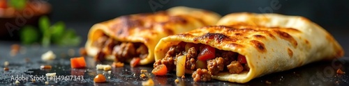Sizzling beef and onion mixture inside a crispy flour tortilla, quesadilla, sizzling, onions