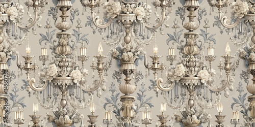 Elegant vintage wallpaper featuring intricate chandeliers and floral motifs.