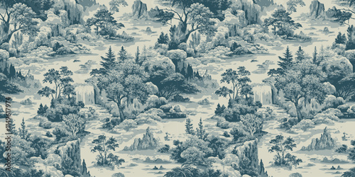 Serene blue and white landscape mural featuring lush trees and tranquil waterfalls.