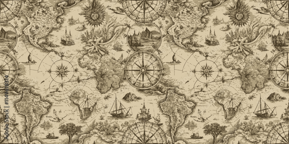 Fototapeta premium Vintage world map with intricate illustrations and navigational elements.