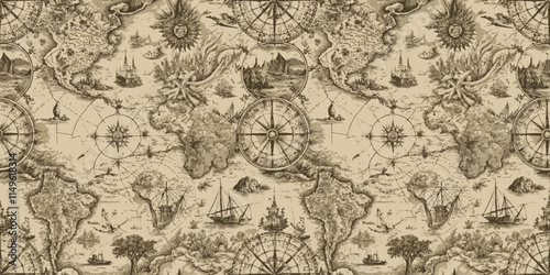 Vintage world map with intricate illustrations and navigational elements.