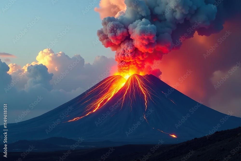 Volcanic ash cloud with fire tongues bursting through the smoke, geology, landforms, lava Volcanic ash cloud with fire tongues bursting through the smoke, geology, landforms, lava