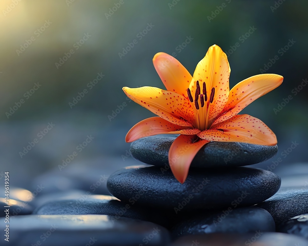 Fototapeta premium Spa stones with a vivid lily flower, illuminated by dreamy sun rays, set against a serene, natural backdrop