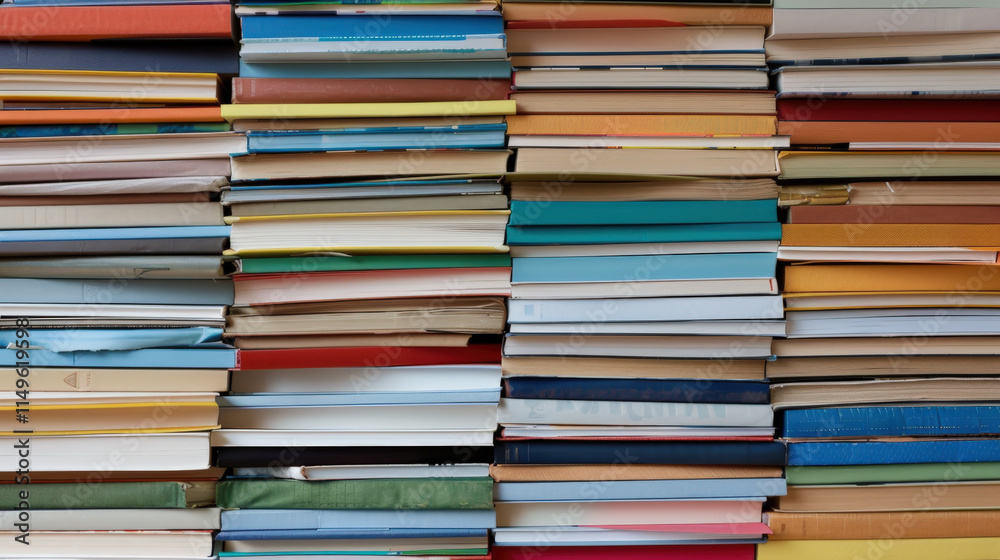 Stacked Books on Shelves in Various Colors and Sizes, Representing Knowledge, Learning, and Literature in a Cozy Home Environment