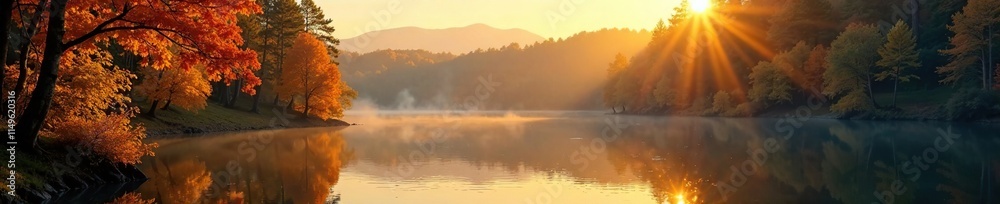 The soft golden light of autumn sun casts a warm glow on the lake's surface, illuminating the vibrant leaves of the surrounding trees, forest, foliage The soft golden light of autumn sun casts a warm glow on the lake's surface, illuminating the vibrant leaves of the surrounding trees, forest, foliage