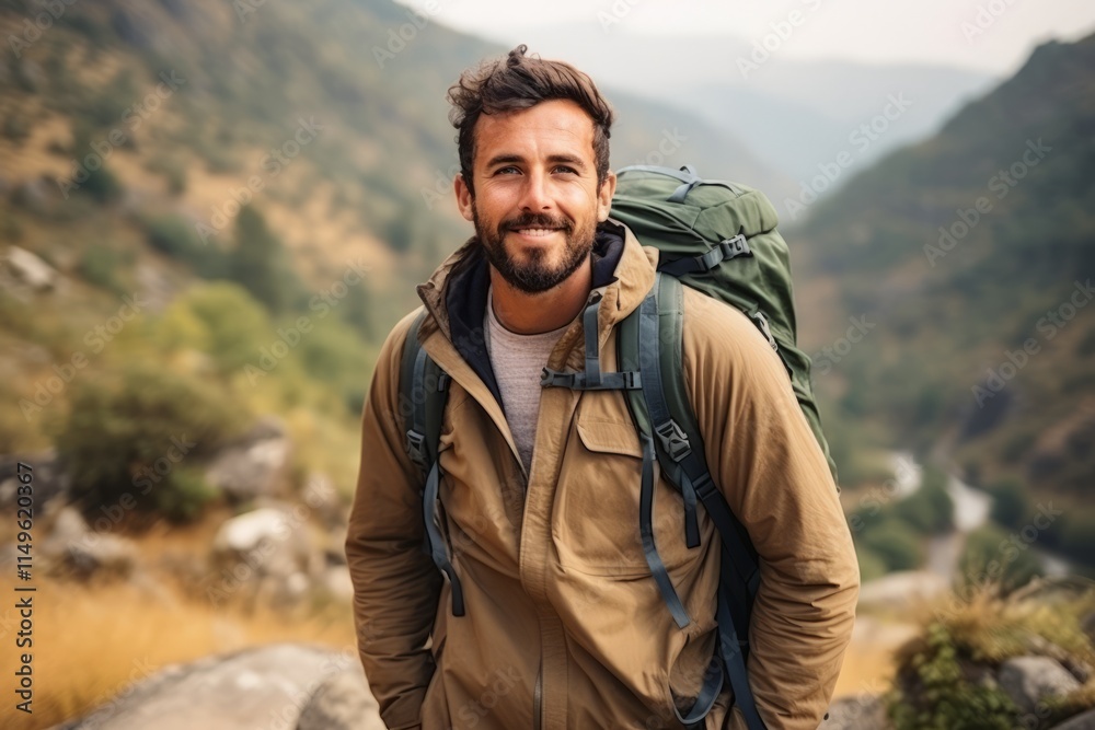 Portrait of a handsome man with backpack standing on top of a mountain Portrait of a handsome man with backpack standing on top of a mountain