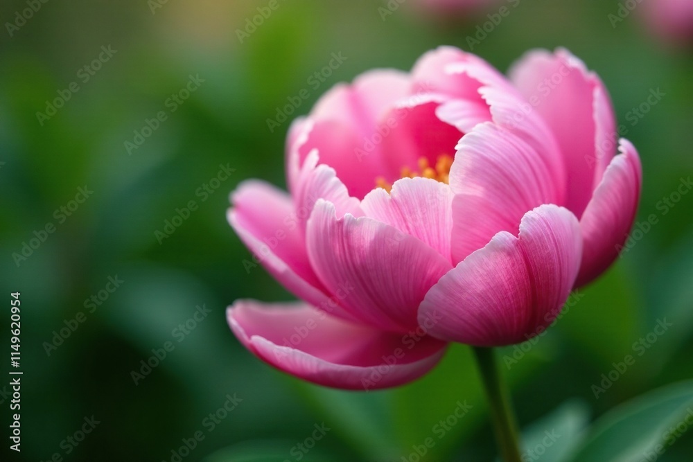 A single peony flower unfurls its petals in a shallow depth of field, revealing intricate details, delicate texture, springtime A single peony flower unfurls its petals in a shallow depth of field, revealing intricate details, delicate texture, springtime
