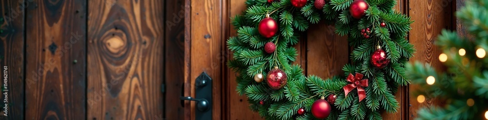 Evergreen wreath on wooden door with ornaments and tinsel, wooden, holiday Evergreen wreath on wooden door with ornaments and tinsel, wooden, holiday