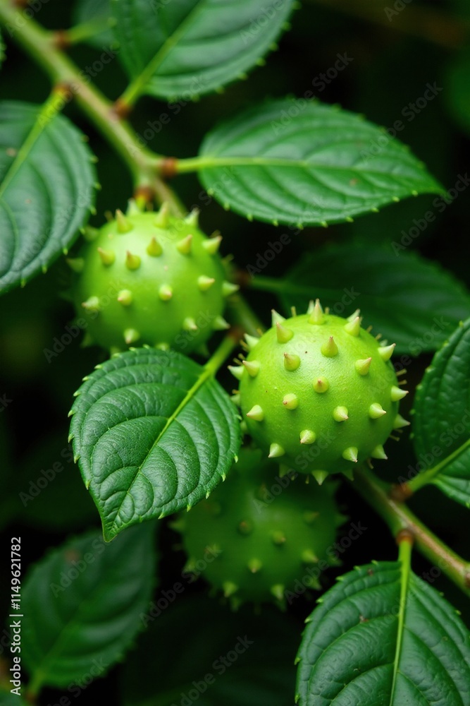 Feijoa leaves and stems with intricate details, leaf details, moss Feijoa leaves and stems with intricate details, leaf details, moss