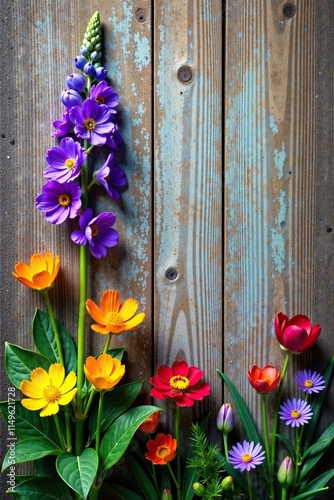 Ein Blumenbild mit nat?rlichen Farben und lebendiger Pflanzen auf einer Holzwand, farben, holz photo