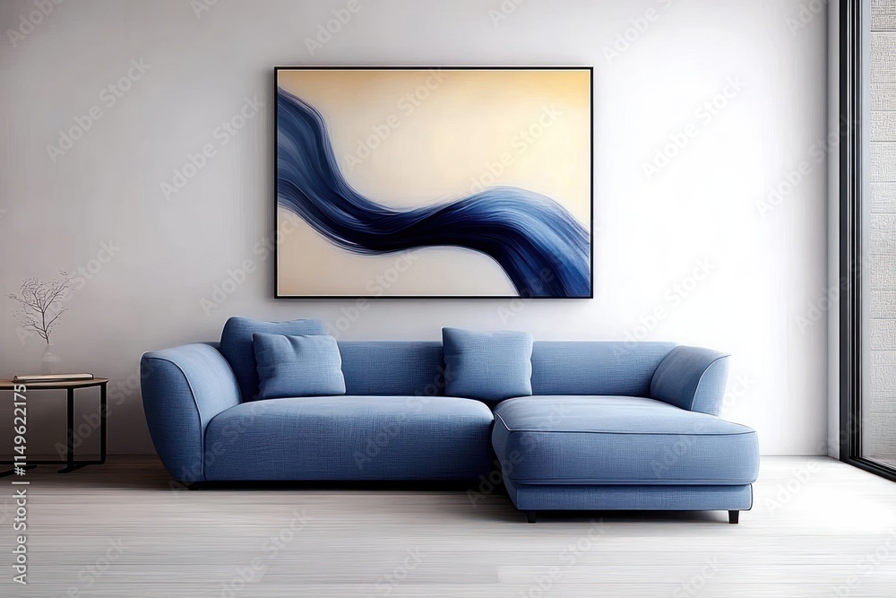Fototapeta premium Modern Living Room with Blue Loveseat Sofa and Wall Poster