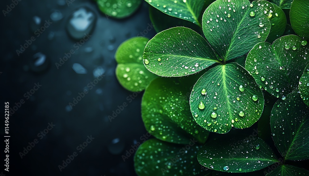 A realistic fourleaf clover on a dark, wet background, with water droplets enhancing the vibrant green leaves A realistic fourleaf clover on a dark, wet background, with water droplets enhancing the vibrant green leaves