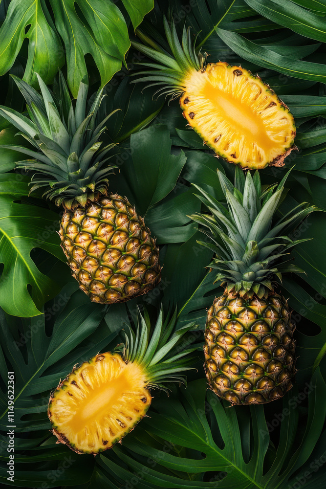 Fresh pineapples on lush tropical leaves create a vibrant and exotic display of nature's bounty, showcasing their golden interior and unique spiky exterior. Fresh pineapples on lush tropical leaves create a vibrant and exotic display of nature's bounty, showcasing their golden interior and unique spiky exterior.