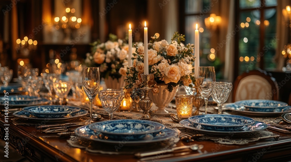 Romantic candlelit dinner table setting. Romantic candlelit dinner table setting.