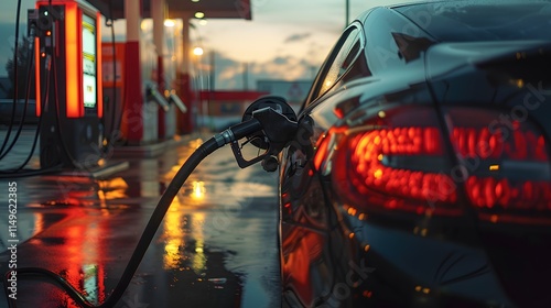 Fuel Pumping at Sunset with Reflections on a Wet Gas Station photo