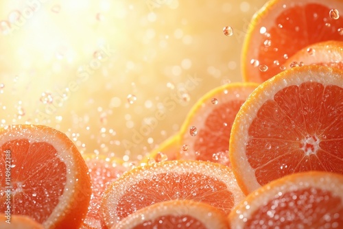 Fresh sliced oranges with splashing water droplets in sunlight