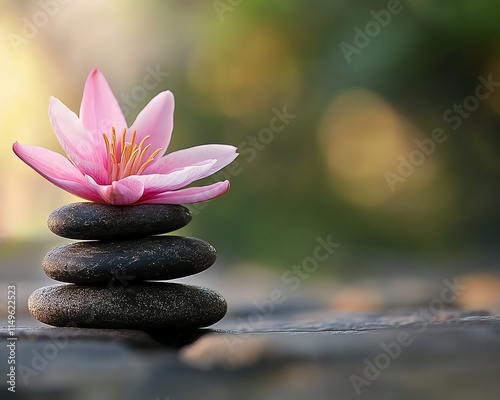 A serene scene of spa stones balanced beside a pink lily, sun rays illuminating the peaceful natural setting