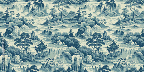 Serene blue and white landscape pattern featuring lush trees and cascading waterfalls.
