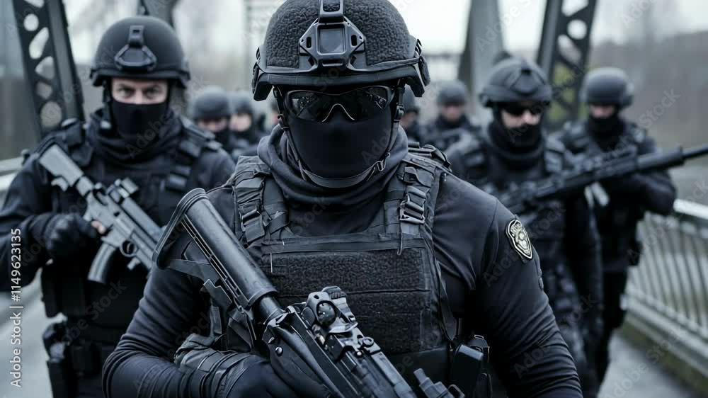 Tactical Military Team in Dark Gear on Urban Bridge Scene Tactical Military Team in Dark Gear on Urban Bridge Scene