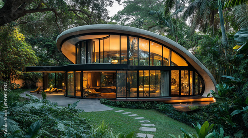 Captivating view of a modern semi-domed house design, featuring sleek architecture surrounded by lush tropical greenery and vibrant landscaping. photo