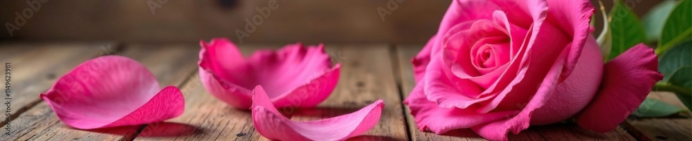 Vibrant pink rose petals unfolding on a wooden table, petal, beauty Vibrant pink rose petals unfolding on a wooden table, petal, beauty