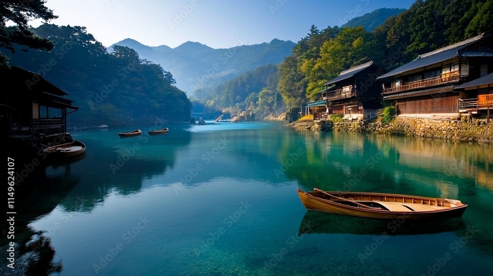 Serene Japanese village nestled in mountains, reflecting in still waters. Serene Japanese village nestled in mountains, reflecting in still waters.