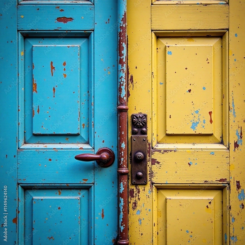 Weathered metal door with faded blue paint and wooden handle, door, wooden, rustic Weathered metal door with faded blue paint and wooden handle, door, wooden, rustic