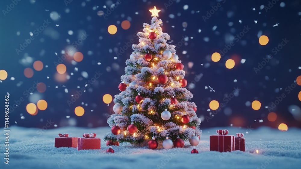 Obraz premium Snowy Christmas tree with gifts and lights.