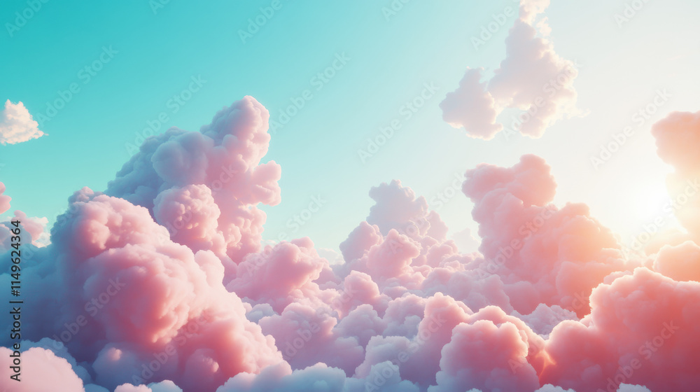 A realistic photograph of a serene sky filled with fluffy cumulus clouds, bright white with soft textures, against a vibrant cyan background. The lighting captures the warmth of a sunny afternoon, wit A realistic photograph of a serene sky filled with fluffy cumulus clouds, bright white with soft textures, against a vibrant cyan background. The lighting captures the warmth of a sunny afternoon, wit