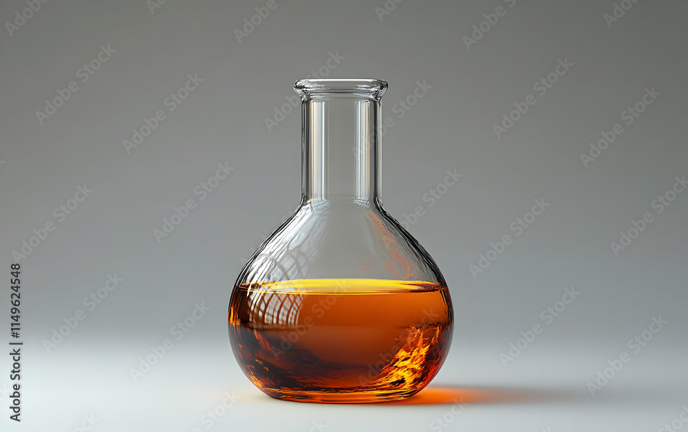 A glass laboratory flask containing an amber liquid, suggesting a scientific or experimental purpose. A glass laboratory flask containing an amber liquid, suggesting a scientific or experimental purpose.