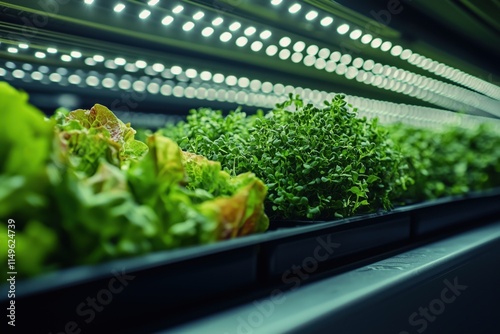 Lush indoor hydroponic garden with vibrant leafy greens under led lights photo