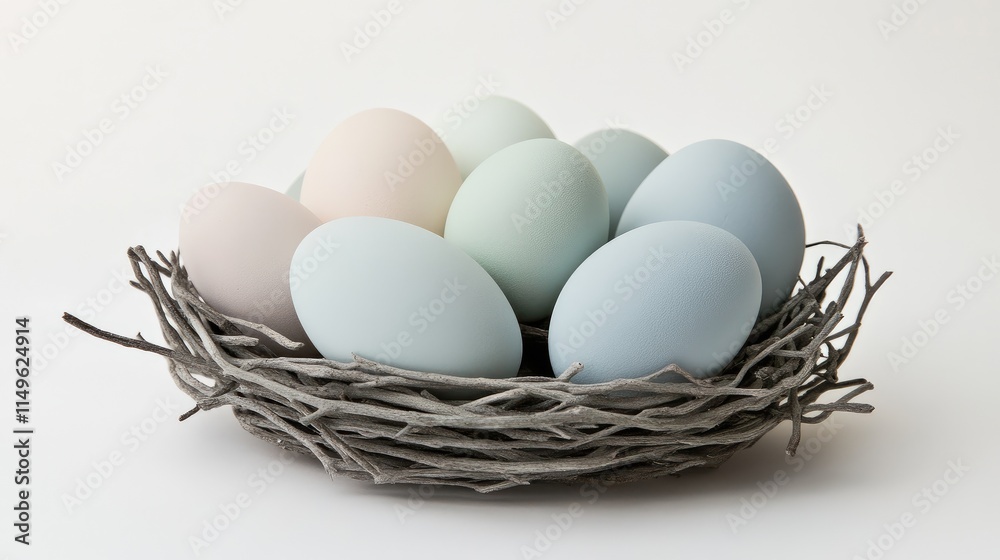 Creative arrangement of Easter eggs in pastel shades placed in a birds nest, symbolizing renewal. Creative arrangement of Easter eggs in pastel shades placed in a birds nest, symbolizing renewal.