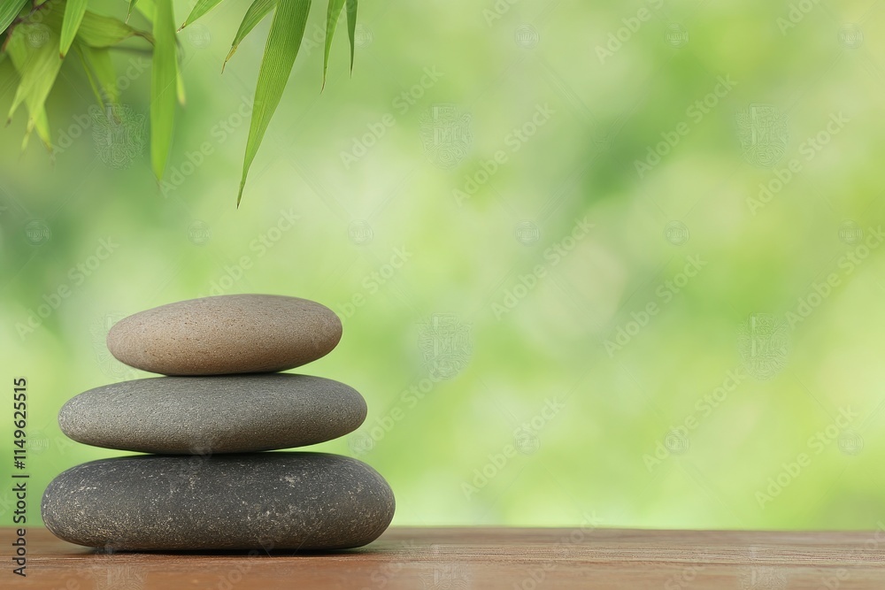 Obraz premium Balanced stones create serene atmosphere on wooden table, surrounded by lush greenery. This peaceful scene evokes tranquility and harmony in nature