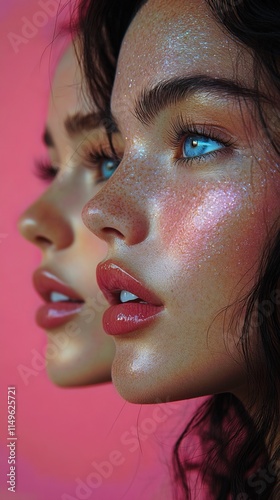 Two atina women with glowly skin looking off into the distance, skin care models, pink background photo