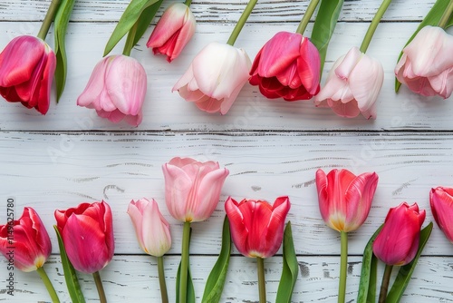 Pink and Red Tulips on White Wooden Background