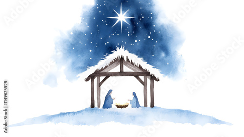 Watercolor nativity scene clipart with a white background, featuring the holy family, stable, and animals, perfect for Christmas and religious celebrations.
