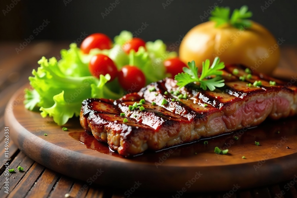 Grilled rib meat is served with baked potatoes and fresh lettuce, garnished with cherry tomatoes, meal, side dishes, Grilled rib meat is served with baked potatoes and fresh lettuce, garnished with cherry tomatoes, meal, side dishes,