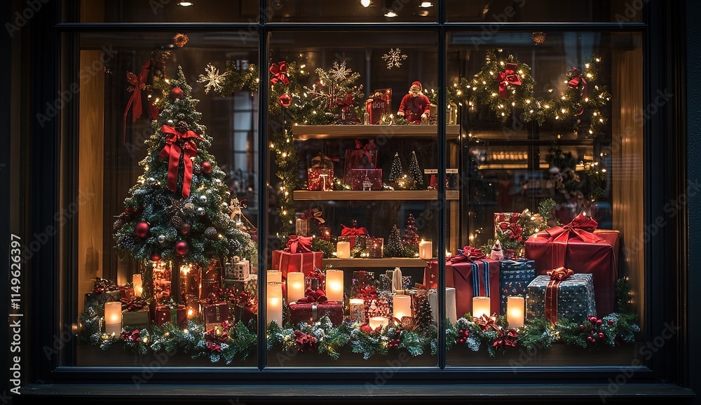 Christmas Window Display: Festive Gifts, Candles, and Trees Illuminate the Holiday Season with Warmth and Cheer. Christmas Window Display: Festive Gifts, Candles, and Trees Illuminate the Holiday Season with Warmth and Cheer.