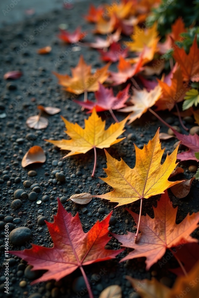 Individual maple leaves in shades of orange and yellow line the edge of a frosty forest floor, detail, autumn Individual maple leaves in shades of orange and yellow line the edge of a frosty forest floor, detail, autumn
